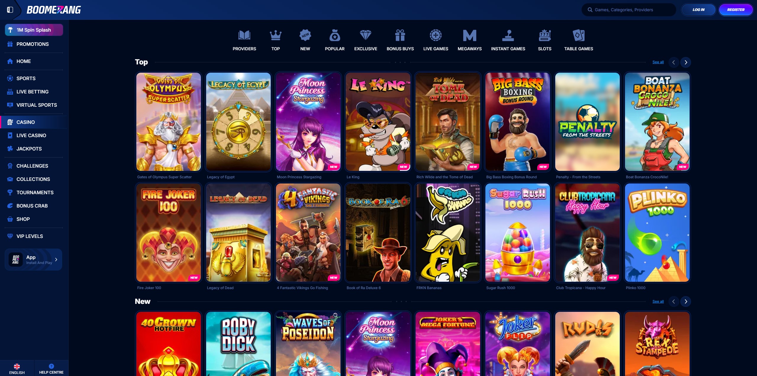 Lobby del casinò di Boomerang Bet con una griglia di giochi di slot