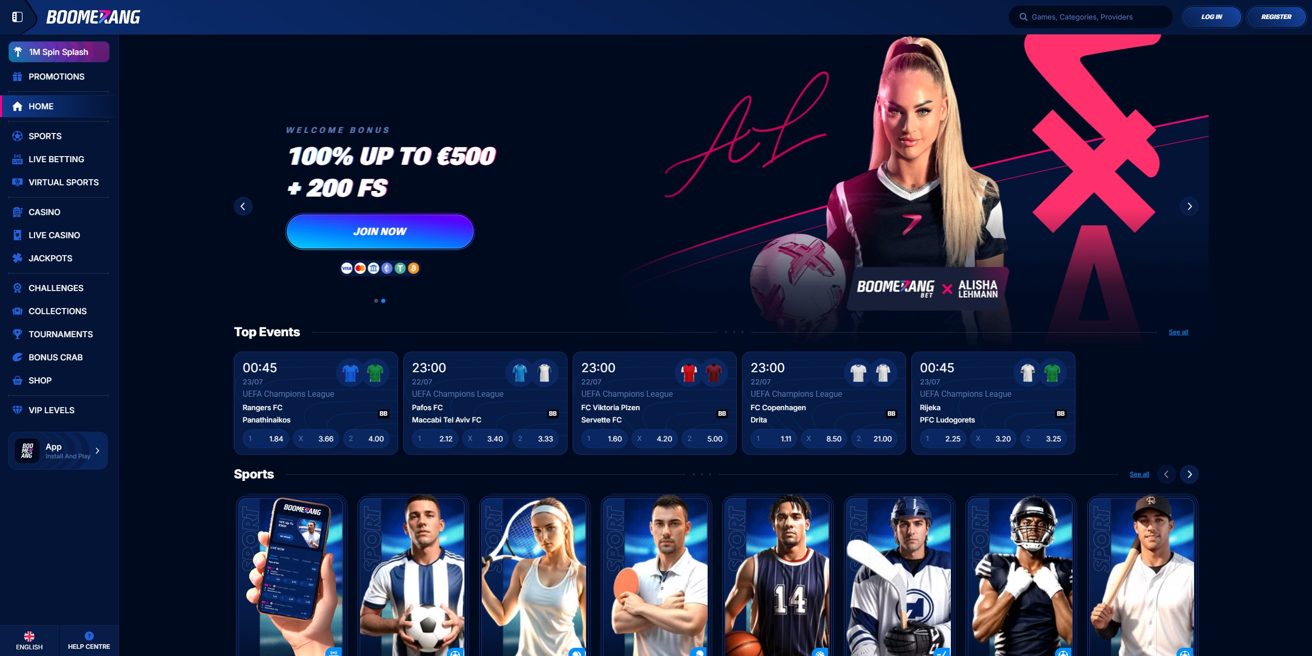 Interfaccia sicura e protetta di Boomerang Bet Sports