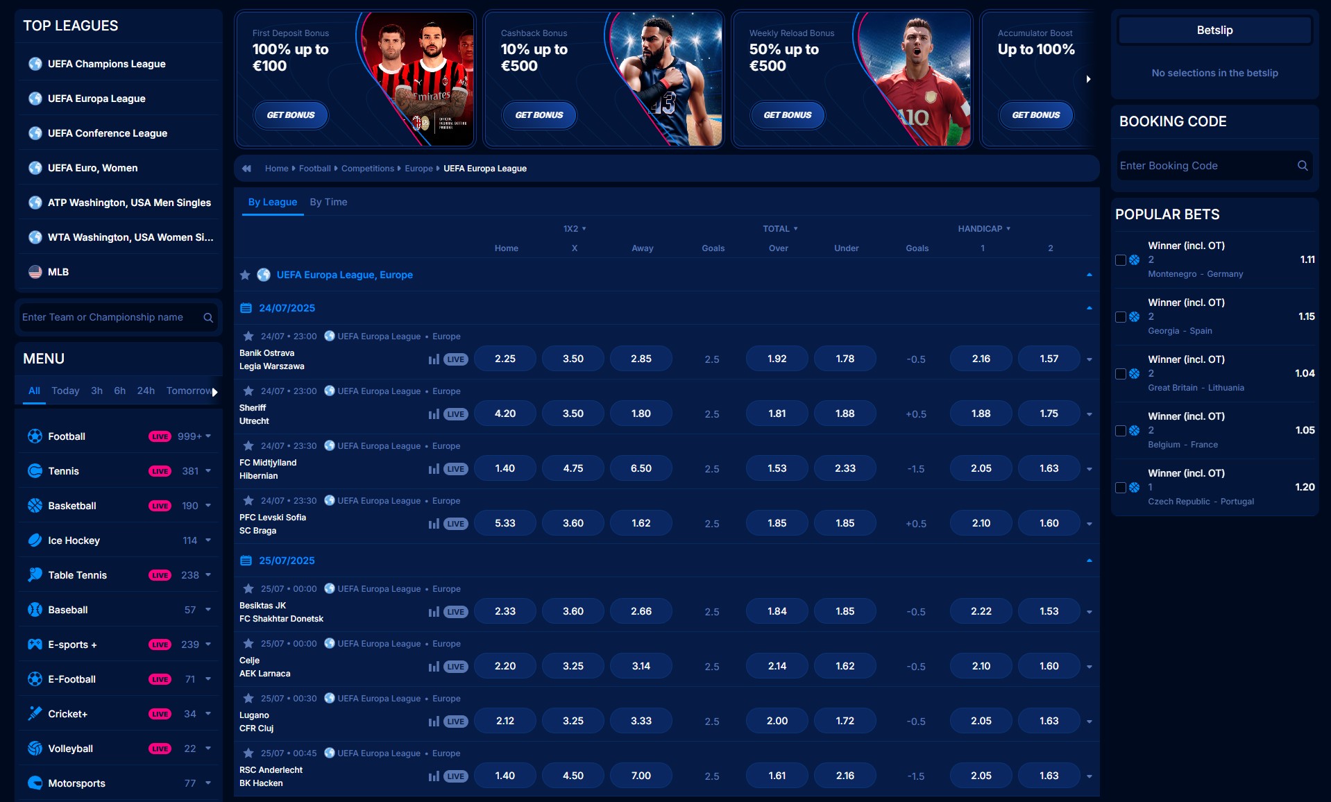 Interfaccia scommesse sportive live di Boomerang Bet