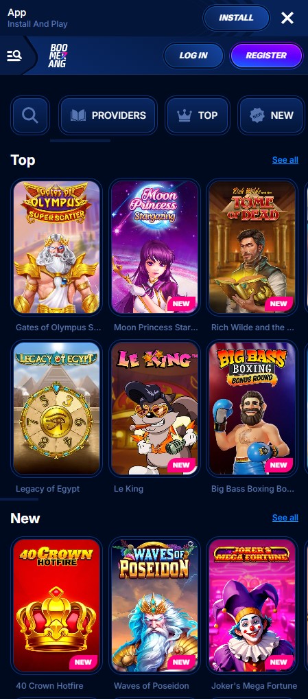 Boomerang Casino su uno smartphone che mostra i giochi di slot