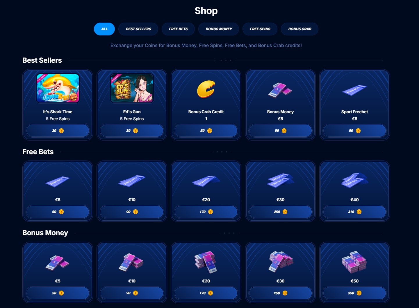 Screenshot del Bonus Shop di Boomerang Casino che mostra le opzioni di acquisto